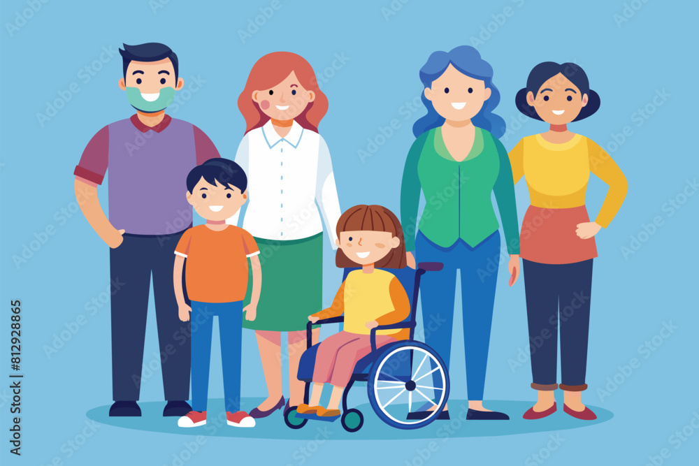A diverse group of individuals, including a disabled parent, standing together in a group, Family with a disabled parent Customizable Disproportionate Illustration A diverse group of individuals, including a disabled parent, standing together in a group, Family with a disabled parent Customizable Disproportionate Illustration