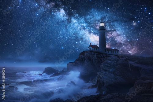Wallpaper of a Lighthouse right next to the sea on a dark night with star studded sky 