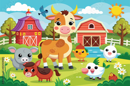Cartoon illustration of a farm with a cow and various animals grazing in the field, Farm animals Customizable Cartoon Illustration