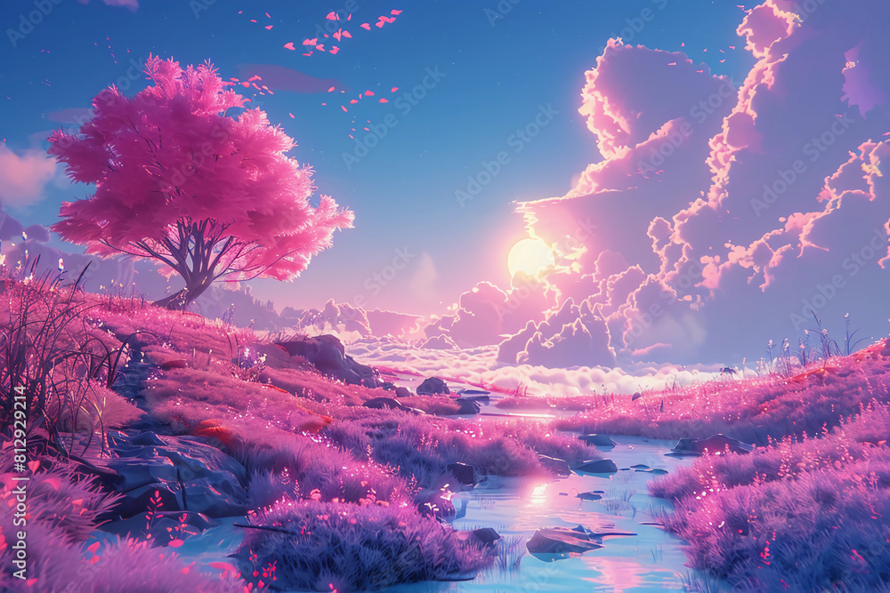 Φωτογραφία Wallpaper of a pink dreamworld, early morning sunrise falls on the lake along th