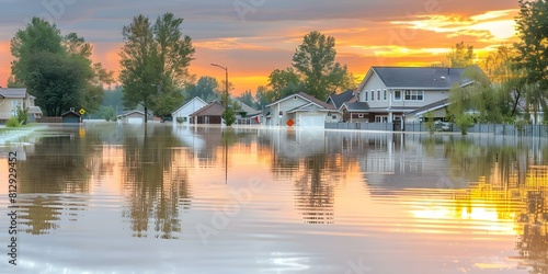 Reflective view of houses on a flooded residential street after heavy rain. Concept Natural Disaster, Flooding, Severe Weather, Storm Damage, Urban Environment © Anastasiia