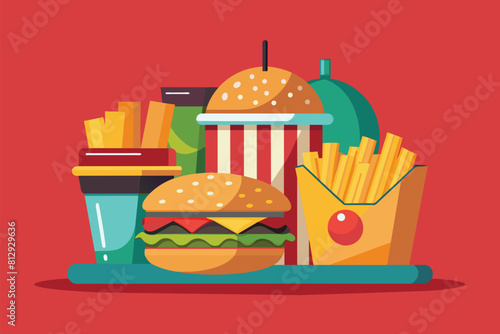 A tray with a hamburger, french fries, soda, and a drink, Fast food Customizable Disproportionate Illustration