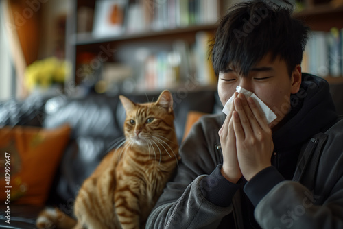 A Caucasian man is using a cloth to wipe away mucus from a sneeze due to an allergy to cat fur in the house.