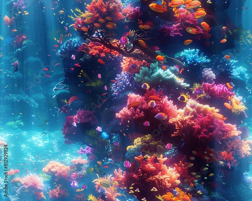 Dive into a dreamy underwater paradise captured with Impressionistic brushstrokes Show colorful coral reefs, dancing sea creatures, and shimmering light in a tilted angle view © panyawatt