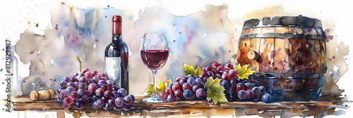 Watercolor painting of arrangement of wine bottles and glasses with bunches of grapes with wine fermentation vats in the background. photo