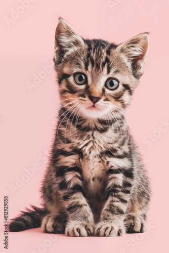 Concept of love for animals, cats, kittens. Tabby gray, green, black kitten purrs and looks at the camera. Full figure. Isolated on light pink minimalist style background. photo