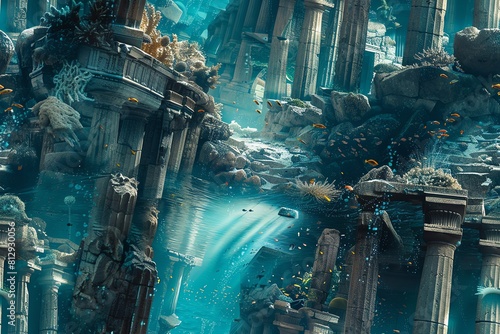 Embark on an archaeological robotic expedition in a surrealistic underwater world Capture the eye-level angle showcasing intricate details of ancient ruins