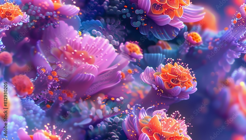 Explore a utopian dreamscape with nanotechnology infused flora and fauna, portrayed in a surreal blend of vivid hues and sharp, unexpected camera angles Explore a utopian dreamscape with nanotechnology infused flora and fauna, portrayed in a surreal blend of vivid hues and sharp, unexpected camera angles
