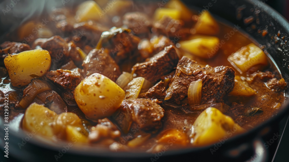 Savory beef stew with tender chunks of meat and potatoes simmering in a rich, aromatic sauce, close-up in a cooking pan Savory beef stew with tender chunks of meat and potatoes simmering in a rich, aromatic sauce, close-up in a cooking pan