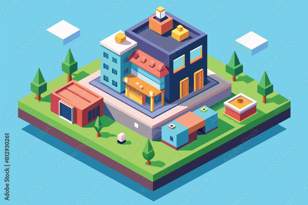 A small house with numerous windows sits atop a tiny island, surrounded by water, Fine Customizable Isometric Illustration A small house with numerous windows sits atop a tiny island, surrounded by water, Fine Customizable Isometric Illustration