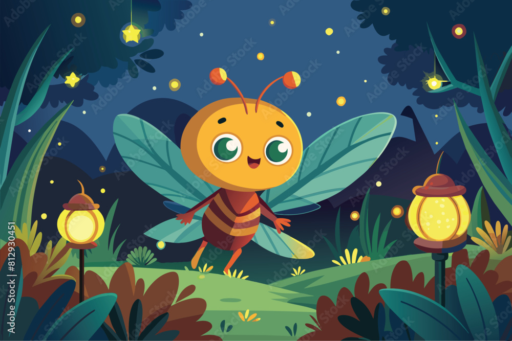 A small bee stands in the forest surrounded by trees and greenery, Fireflies Customizable Cartoon Illustration A small bee stands in the forest surrounded by trees and greenery, Fireflies Customizable Cartoon Illustration
