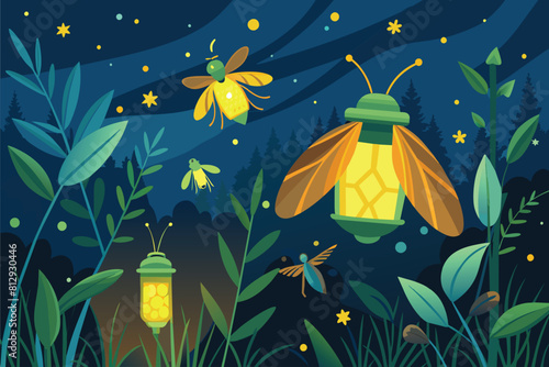 Bees buzzing around a lantern in the dark night, illuminated by its warm light, Fireflies Customizable Flat Illustration