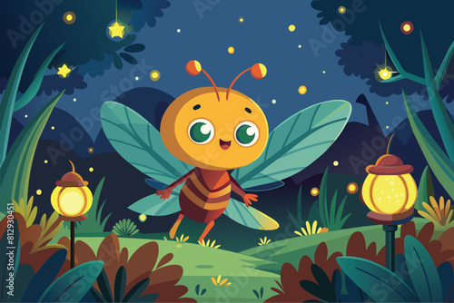 A small bee stands in the forest surrounded by trees and greenery, Fireflies Customizable Cartoon Illustration