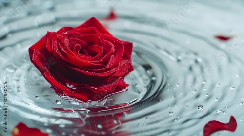 Abstract red rose under glass plate with water drops and splash on light background Red flower and red petals Abstract floral aesthetic Artistic flower Drops and blobs pattern Water su : Generative AI