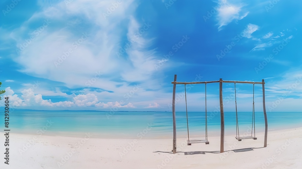 Tropical beach panorama as summer landscape with beach swing or hammock and white sand and calm sea for beach banner Perfect beach scene vacation and summer holiday concept Boost up co : Generative AI