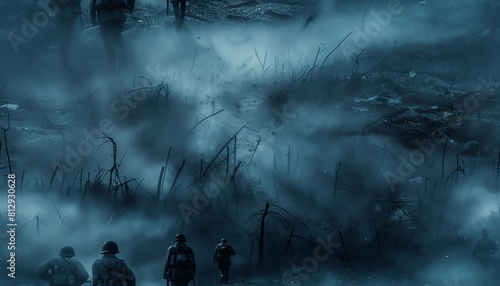 Illustrate a haunted battlefield from WWII with ghostly soldiers lurking in the mist Employ dynamic camera angles to evoke a sense of impending doom Enhance the realism with gritty photo