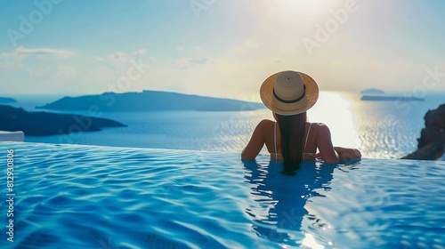 Young woman on vacation at Santorini women at the swimming pool looking out over the Caldera ocean of Santorini Girl at the infinity pool Oia Santorini Greece : Generative AI photo