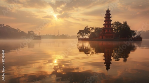 The Tran Quoc Pagoda in Hanoi Vietnam the oldest Buddhist temple in the city located on a small island in the West Lake symbolizing peace and spiritua
