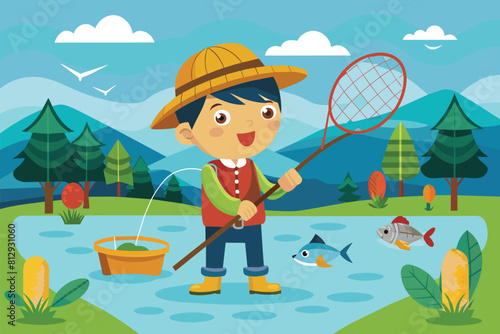 A young boy stands in a river, holding a fishing rod in his hands, Fishing with net Customizable Cartoon Illustration