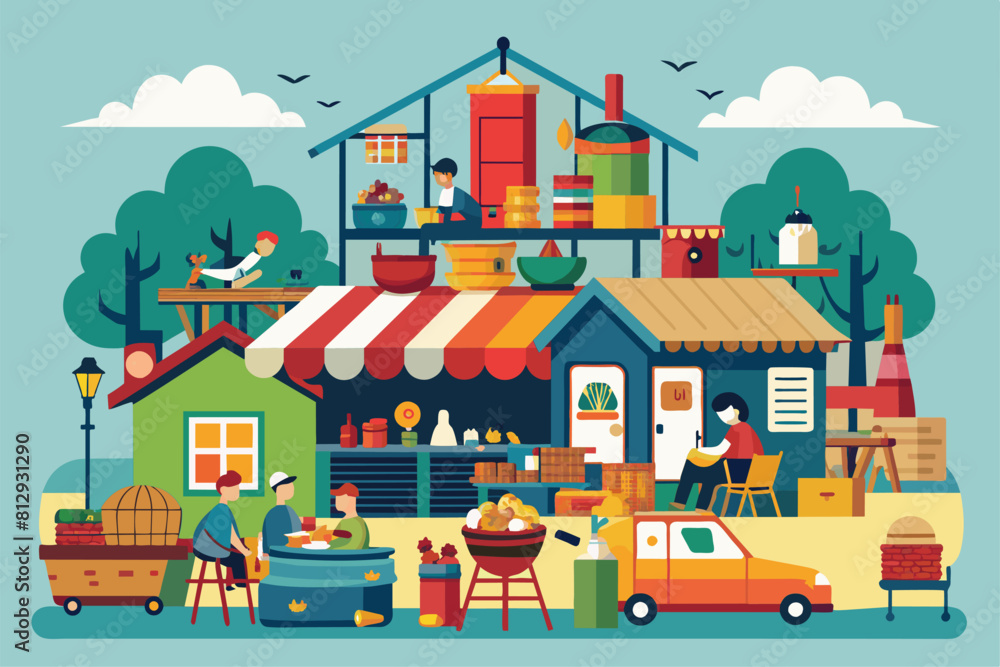 Fototapeta premium A vibrant illustration of a bustling market scene with a colorful house and numerous people around, Flea market Customizable Disproportionate Illustration