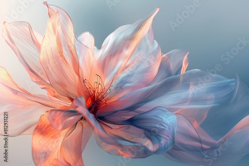 a delicate flower on a blue background with a peach-colored backlight.