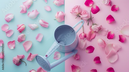 Garden watering can with rose petals and buds on dual tone pink and blue background Creative spring bloom layout with copy space Womens day wedding or anniversary idea Flat lay top vie : Generative AI photo