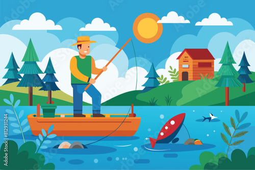 A man is actively fishing on a boat in the water  Fishing with net Customizable Semi Flat Illustration
