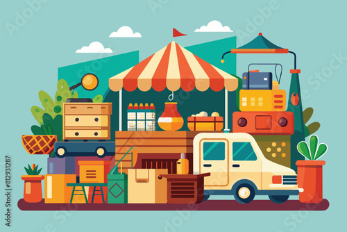 A truck is parked in front of a tent in a flea market setting, Flea market Customizable Flat Illustration