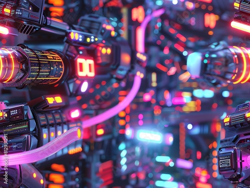 Immerse viewers in a sleek, rear-view shot of futuristic gadgets using vibrant CG 3D animation, featuring angular shapes and neon lights