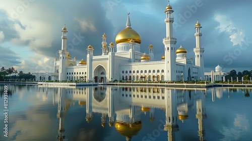 The Sultan Omar Ali Saifuddien Mosque in Bandar Seri Begawan Brunei a stunning example of modern Islamic architecture with marble minarets and golden photo