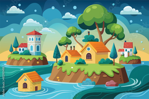 A tiny island in water with houses and trees on it, Flood Customizable Cartoon Illustration