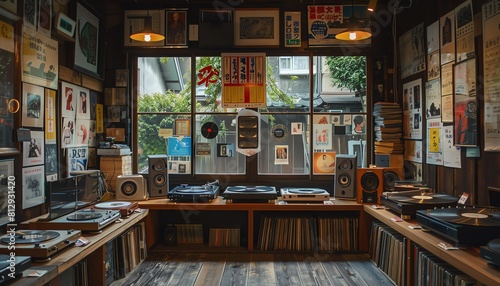 Vintage Japanese record shop with cozy listening stations, vinyl collections, and retro posters photo