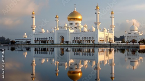 The Sultan Omar Ali Saifuddien Mosque in Bandar Seri Begawan Brunei a stunning example of modern Islamic architecture with marble minarets and golden photo