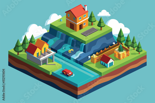A small island with a house standing on top of it, surrounded by water, Flood Customizable Isometric Illustration
