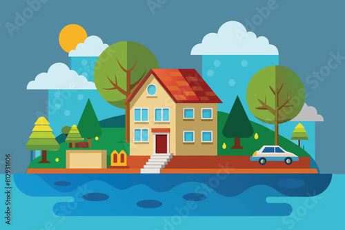 A house sits on a small island in the middle of the water, surrounded by nature, Flood Customizable Semi Flat Illustration