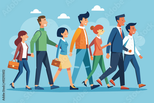 A diverse group of individuals walking together in a straight line, following the leader, Follow the leader Customizable Flat Illustration