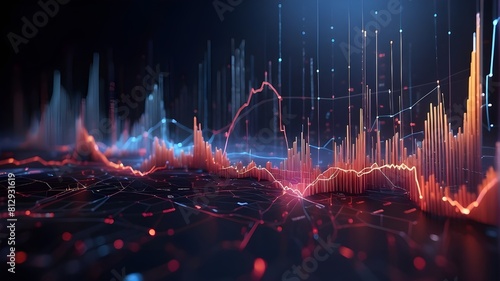 Financial crises and meltdowns are represented by generative AI, stock market chart lines, and financial graphs on an abstract technological background. Concepts of technology and trading markets. photo