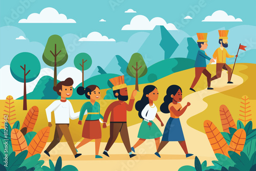 A group of individuals walking in a line on a dusty rural path  Follow the leader Customizable Semi Flat Illustration
