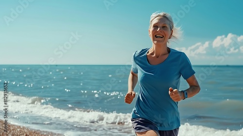 Cheerful mature woman running on the beach on a sunny day Beautiful middle aged woman laughing being active and having fun during summer vacation Energetic lady spending her free time  : Generative AI #812931652