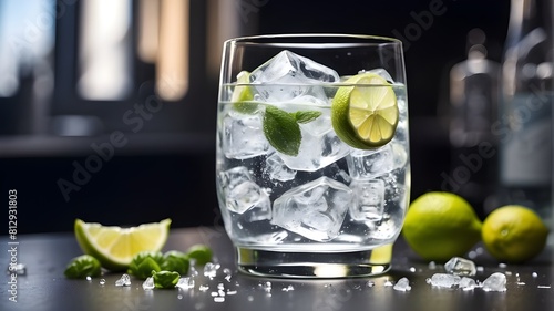 gin and tonic in an ice-filled glass. Produced by Artificial Intelligence photo