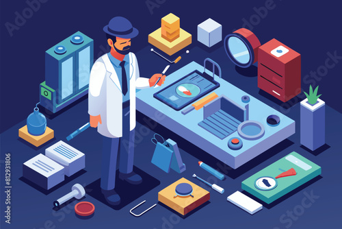 A man stands in front of a desk, inspecting with a magnifying glass in a forensic setting, Forensic expert Customizable Isometric Illustration