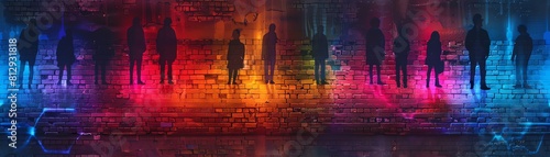 Transform a brick wall into a riveting storytelling canvas using vibrant, neon-hued spray paint contrasting shadowy monochrome figures, illuminated by cleverly placed spotlights photo