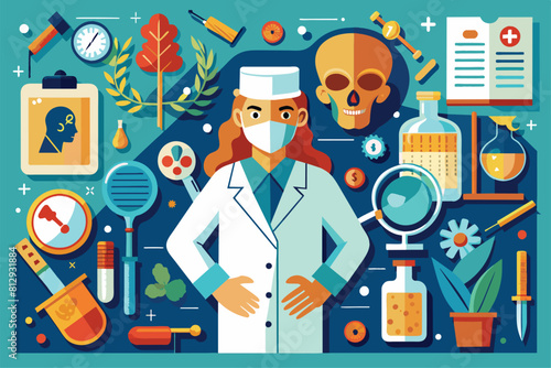 A man wearing a lab coat is surrounded by various medical items in a room, Forensic medicine Customizable Disproportionate Illustration