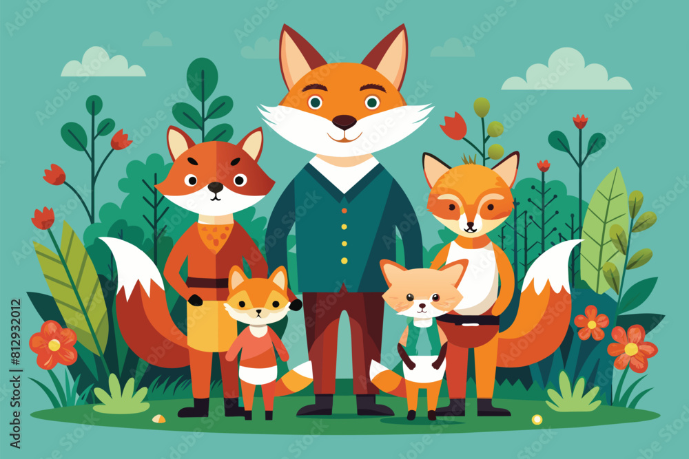 A man standing face to face with a group of foxes in a natural setting, Fox family Customizable Semi Flat Illustration A man standing face to face with a group of foxes in a natural setting, Fox family Customizable Semi Flat Illustration
