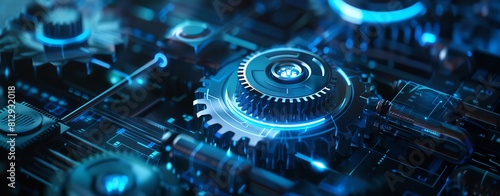 Abstract futuristic mechanical gear and industrial engine with blue glowing line tech background, digital screen technology concept for industry in the style of digital screen technology.