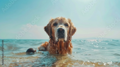 wet dog playing in the sea with a ball in summer golden retriever resting on the beach travel concept pets in nature : Generative AI