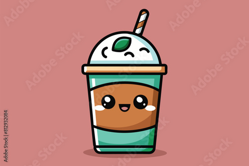 A customizable cartoon cup of coffee with a face and a straw protruding from it, Frappï¿½ï¿½ Customizable Cartoon Illustration