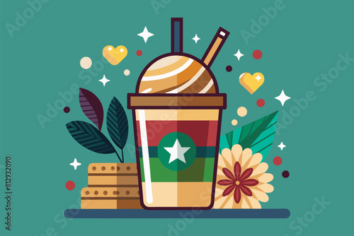 A disposable straw inserted into a cup filled with hot coffee, Frappï¿½ï¿½ Customizable Disproportionate Illustration
