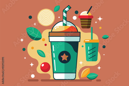 Drink with a straw and a star shape on top, customizable and illustrated in a disproportionate manner, Frappï¿½ï¿½ Customizable Disproportionate Illustration