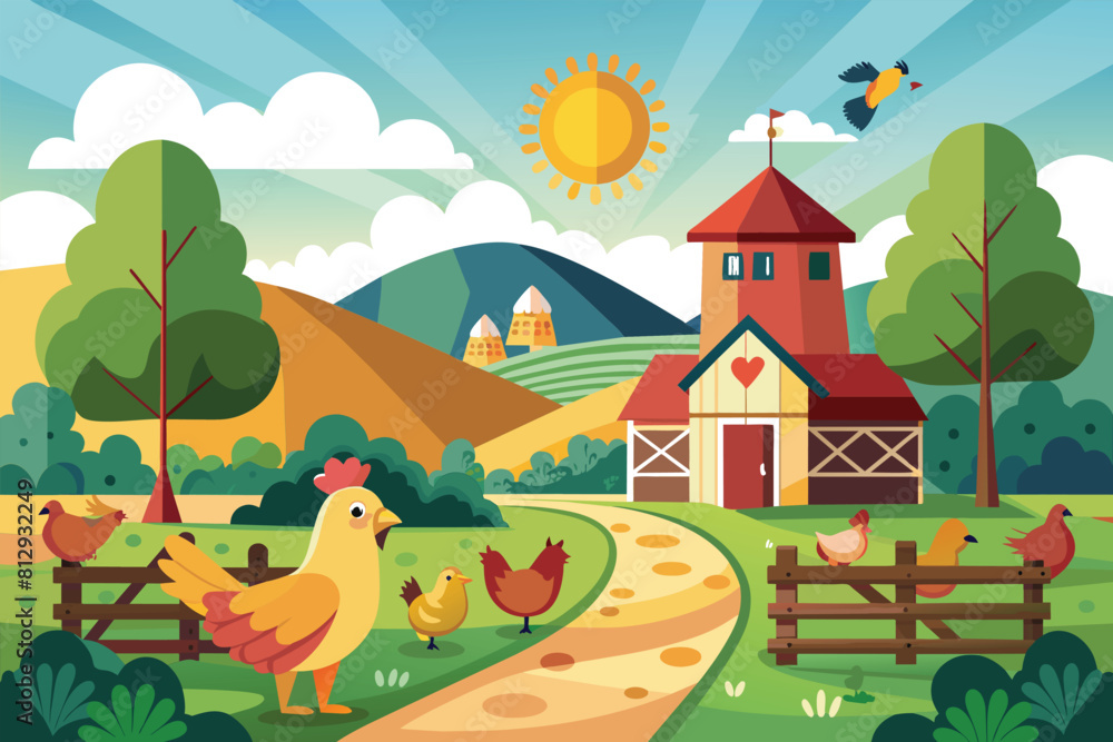 A scene of free-range chickens roaming around a farm with a barn in the background, Free range chicken farm Customizable Flat Illustration A scene of free-range chickens roaming around a farm with a barn in the background, Free range chicken farm Customizable Flat Illustration